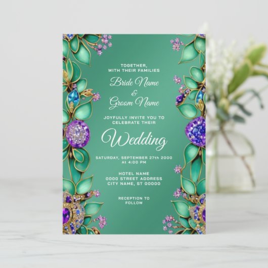 Groene bladeren Paarse edelstenen bruiloft uitnodi Kaart (Staand voorkant)