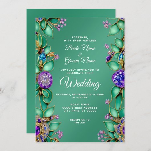 Groene bladeren Paarse edelstenen bruiloft uitnodi Kaart (Voorkant / Achterkant)