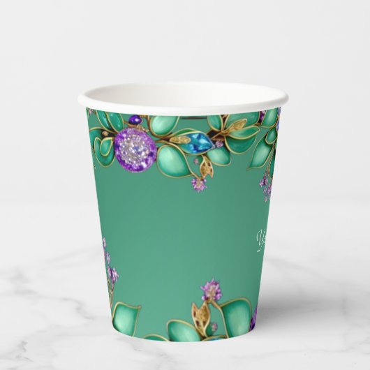 Groene Bladeren Paarse Edelstenen Papieren Bekers (Voorkant)