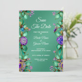 Groene bladeren Paarse edelstenen sparen de datum Save The Date (Staand voorkant)