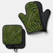 Groene Bladeren Patroon Ovenwant & Pannenlap Set (Voorkant / Achterkant)