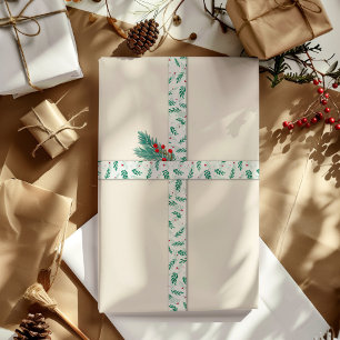 Groene bladeren & rode bessen Kerstmis Patroon Wit Satijnen Lint