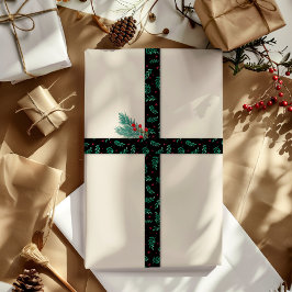 Groene bladeren & rode bessen Kerstmis Patroon Zwa Satijnen Lint