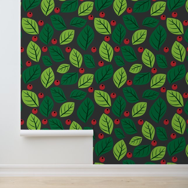 Groene bladeren, rode bessen, patroon van bladeren behang (Applicatie)
