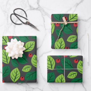 Groene Bladeren, Rode Bessen, Patroon Van Bladeren Inpakpapier Vel