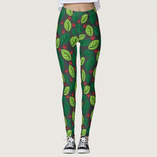Groene bladeren, rode bessen, patroon van bladeren leggings (Voorkant)