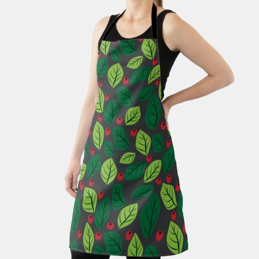 Groene bladeren, rode bessen, patroon van bladeren schort (Insitu)