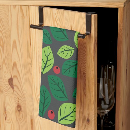 Groene bladeren, rode bessen, patroon van bladeren theedoek (Derde Gevouwen)