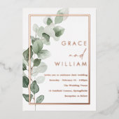 Groene bladeren Roos goudfolie rand bruiloft Folie Uitnodiging (Voorkant)
