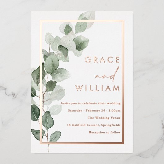 Groene bladeren Roos goudfolie rand bruiloft Folie Uitnodiging (Voorkant)
