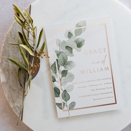 Groene bladeren Roos goudfolie rand bruiloft Folie Uitnodiging