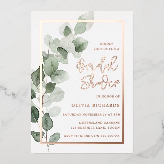 Groene bladeren Roos goudfolie rand Vrijgezellenfe Folie Uitnodiging (Voorkant)