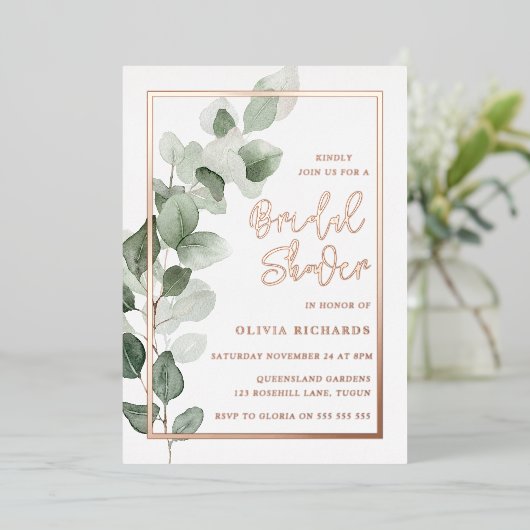 Groene bladeren Roos goudfolie rand Vrijgezellenfe Folie Uitnodiging (Staand Voorkant)