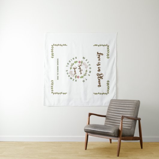 Groene Bladeren Roze Bloem Bruiloft Feest Wandkleed (In Situ (horizontaal))