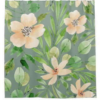 Groene bladeren, roze bloemen: Waterverf. Douchegordijn