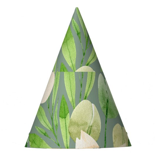 Groene bladeren, roze bloemen: Waterverf. Feesthoedjes (Voorkant)