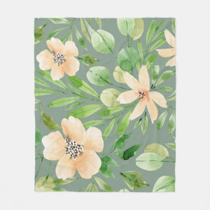 Groene bladeren, roze bloemen: Waterverf. Fleece Deken