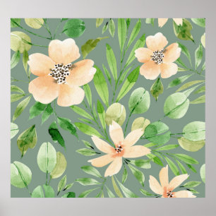 Groene bladeren, roze bloemen: Waterverf. Poster