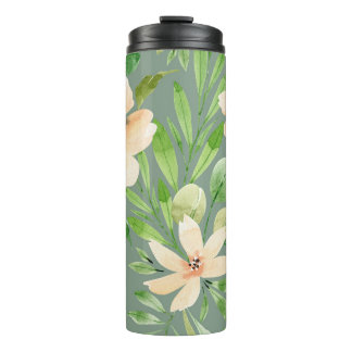 Groene bladeren, roze bloemen: Waterverf. Thermosbeker