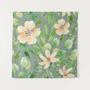 Groene bladeren, roze bloemen: Waterverf. Wandkleed