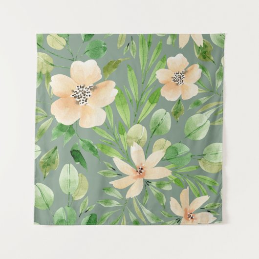 Groene bladeren, roze bloemen: Waterverf. Wandkleed (Voorkant)