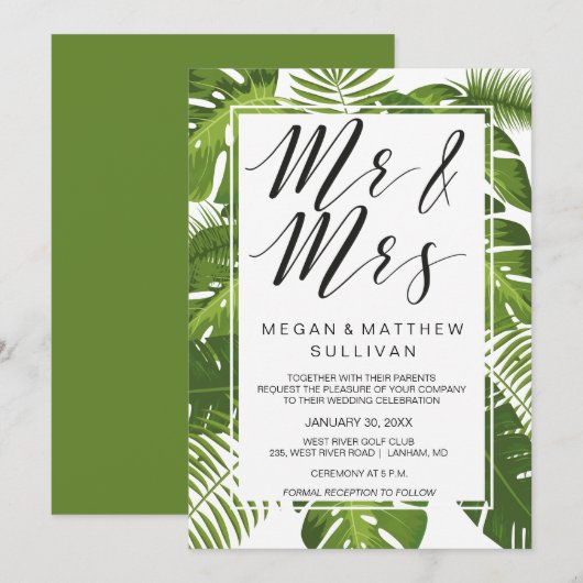 Groene bladeren trouwenkaart | De heer en mevrouw Kaart (Voorkant / Achterkant)