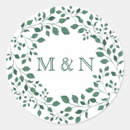 Groene bladeren Waterverf krans monogram Ronde Sticker