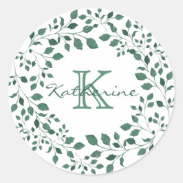 Groene bladeren Waterverf krans monogram Ronde Sticker
