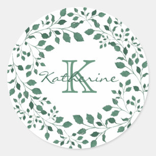 Groene bladeren Waterverf krans monogram Ronde Sticker