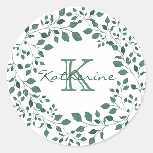 Groene bladeren Waterverf krans monogram Ronde Sticker (Voorkant)