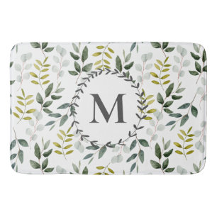 Groene Bladeren Waterverf Patroon met Monogram Badmat