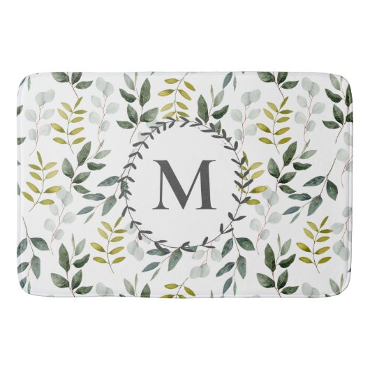 Groene Bladeren Waterverf Patroon met Monogram Badmat (Voorkant)