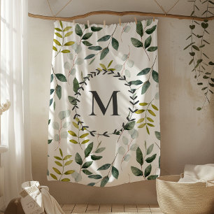 Groene Bladeren Waterverf Patroon met Monogram Fleece Deken