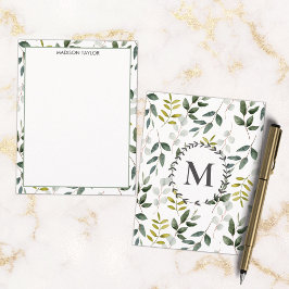Groene Bladeren Waterverf Patroon met Monogram Notitiekaartje