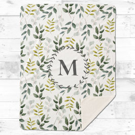 Groene Bladeren Waterverf Patroon met Monogram Sherpa Deken