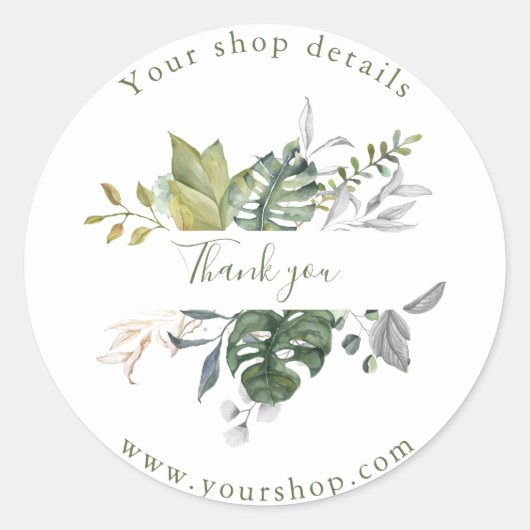  groene bladeren, winkel bedankt sticker (Voorkant)