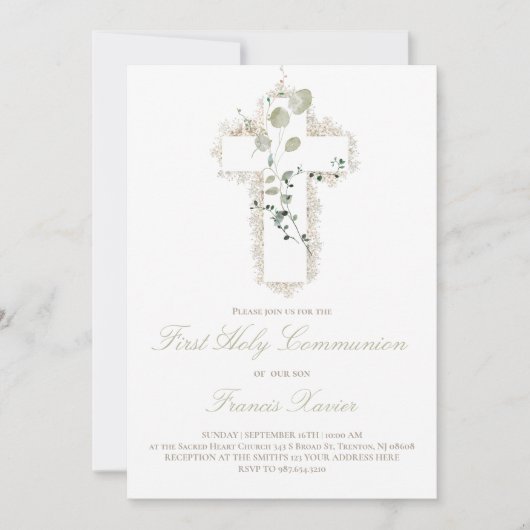 groene bladeren wit kruis Eerste Heilige Communie Kaart (Voorkant)