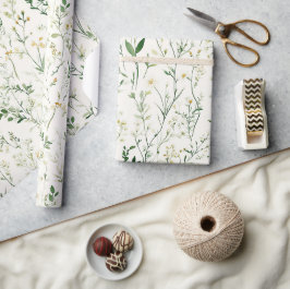 Groene Bladeren Witte Bloemen Verjaardag Cadeaupapier