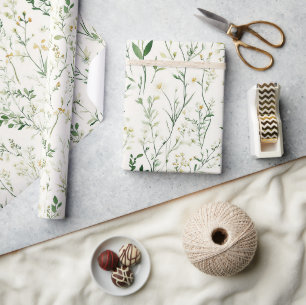 Groene Bladeren Witte Bloemen Verjaardag Cadeaupapier