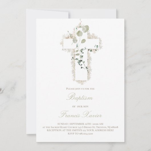 groene bladeren witte kruis doop kaart (Voorkant)