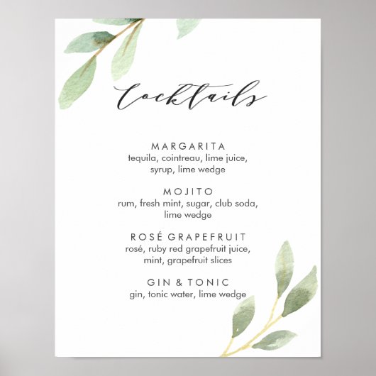 Groene Bladerentuin Huwelijkscocktail Menubord Poster (Voorkant)