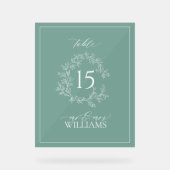 Groene Bladereuze Monogram Huwelijk Tafelnummer Acryl Bord (Voorkant)