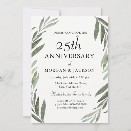 Groene Bladerkrans 25e Huwelijksjubileum Uitnodigi Kaart (Voorkant)