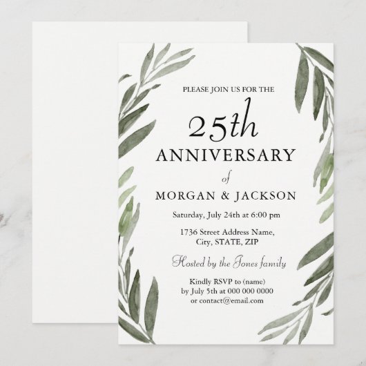 Groene Bladerkrans 25e Huwelijksjubileum Uitnodigi Kaart (Voorkant / Achterkant)