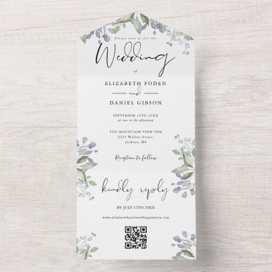 Groene Bladermix Elegant Script QR Code Trouwen All In One Uitnodiging (Binnen)
