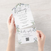 Groene Bladermix Elegant Script QR Code Trouwen All In One Uitnodiging (Afscheurbaar)
