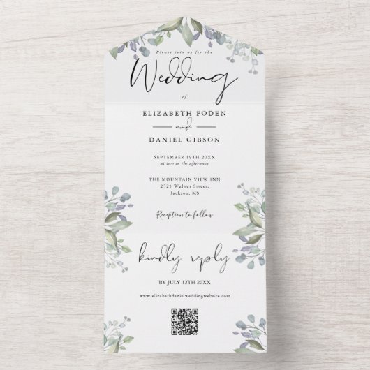 Groene Bladermix Elegant Script QR Code Trouwen All In One Uitnodiging (Binnen)