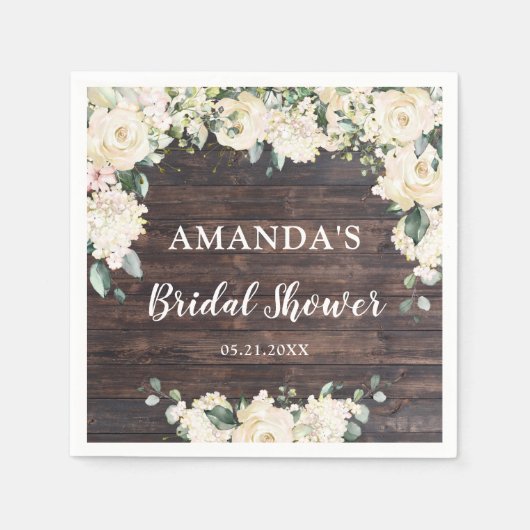 Groene bladervol rustieke hout boho witte rozen servet (Voorkant)