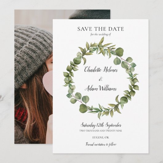 Groene Bladgroen Garland Foto Bruiloft Save The Date (Voorkant / Achterkant)