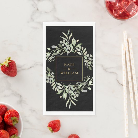 Groene Bladgroente Zwart En Goud Huwelijkspapier  Servet (Insitu)